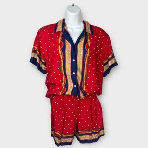 80s Lizsport Rayon Preppy Quiet Luxury Blouse Short Set Petite Small Red Blue